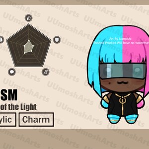 May include: Illustration of a character with blue and pink hair, wearing a black outfit and glasses. The image includes the text "PRISM Trick of the Light" and the words "Acrylic" and "Charm". A graphic is also present.