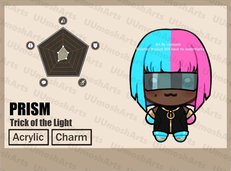 May include: Illustration of a character with blue and pink hair, wearing a black outfit and glasses. The image includes the text "PRISM Trick of the Light" and the words "Acrylic" and "Charm". A graphic is also present.