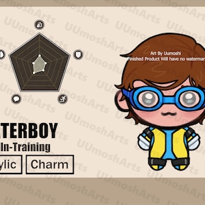 May include: A cartoon illustration of a character named "Waterboy, Hero-In-Training" wearing blue glasses and a yellow and blue outfit. The image includes a pentagon-shaped graphic and the words "Acrylic Charm."