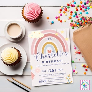 Rainbow Birthday Invitation Template, Editable Invite, Girls Party, Printable INSTANT DOWNLOAD, Baby girl birthday, Clouds, Stars - LPP014