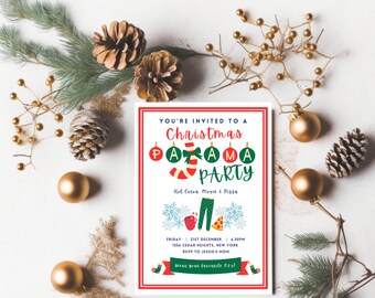 Plantilla de invitación digital editable para fiesta de pijamas navideña (descarga instantánea)