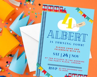 Trains 4th Birthday Invitation Template, Blue Transport Party (Digital Download)