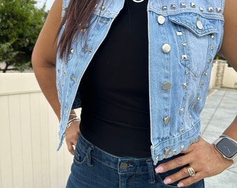 Studded Embellished Pockets western denim vest