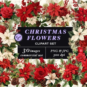 Christmas Red Flowers Clipart for Christmas Cards, Poinsettia Clipart, Vintage Christmas Bouquet Clipart for Gifts, Scrapbook, Junk Journal