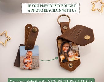 Pode incluir: Um chaveiro de couro marrom com um inserto de foto deslizante. O chaveiro tem um anel de metal e o texto "BEST DADDY" está gravado no couro. O chaveiro é mostrado com duas fotos diferentes.