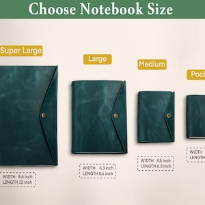 May include: A selection of teal-colored notebooks in various sizes: Super Large (8.6" x 12"), Large (6.3" x 8.6"), Medium (4.5" x 6.3"), and Pocket (3.9" x 5.3"). Each notebook features a button closure.