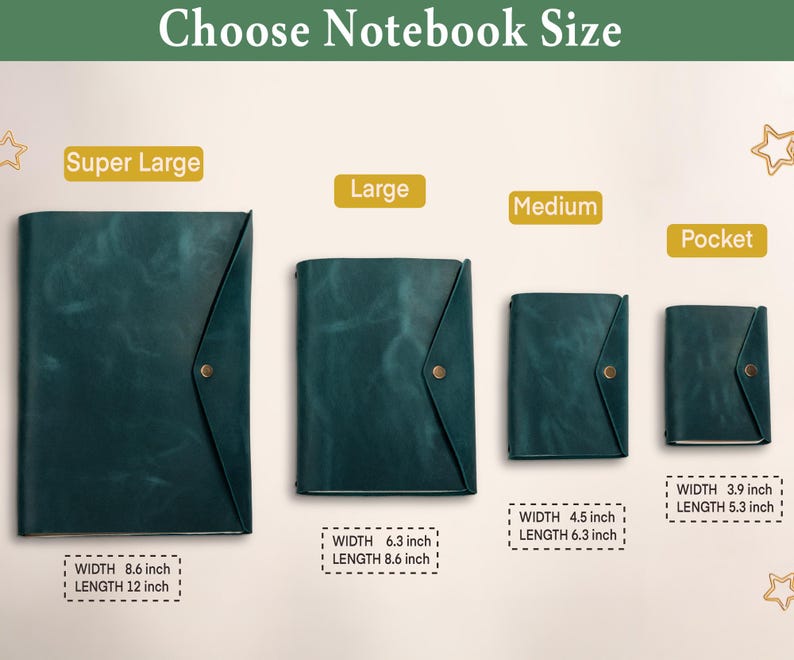May include: A selection of teal-colored notebooks in various sizes: Super Large (8.6" x 12"), Large (6.3" x 8.6"), Medium (4.5" x 6.3"), and Pocket (3.9" x 5.3"). Each notebook features a button closure.