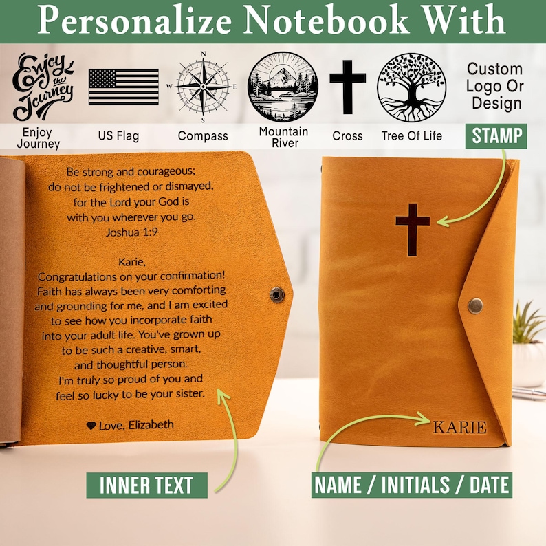 May include: A personalized leather notebook with a cross design. The notebook is tan with a cross embossed on the front. The notebook can be customized with a name, initials, or date. The inside of the notebook has a personalized message.