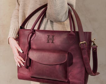 Everyday Use leather laptop bag for her, Personalized Leather Tote bag, Student laptop Bag, Leather handbag for woman