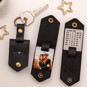 Pode incluir: Um chaveiro de couro preto com um inserto para fotos, um inserto de calend&aacute;rio e um charme inicial personalizado. O inserto de fotos mostra um casal em um campo. O inserto de calend&aacute;rio mostra o m&ecirc;s de agosto de 2021. O charme inicial diz "MVC".