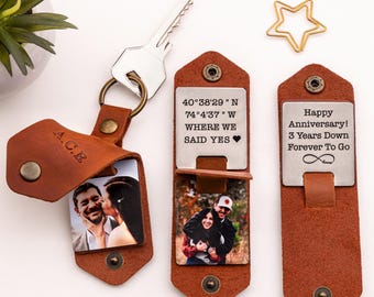 3 year anniversary gifts, Leather keychain for couples, Custom Keychain with photo gift, Custom key tag