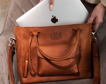 Personalized Leather Laptop Bag for Women, Customized leather handbag, Custom Gift for Women