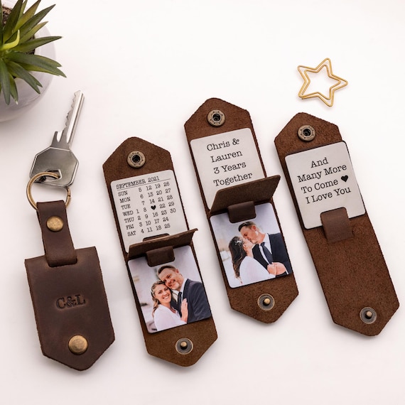 3rd Anniversary Gift, Personalized Leather Photo Keychain, Leather Anniversary Gifts for Him, Photo Keychain for Men