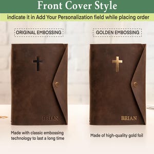 May include: Two brown leather journals with cross emblems. One has a black cross and the name "BRIAN" embossed. The other has a gold cross and the name "BRIAN" in gold foil. The text reads "Front Cover Style" and "indicate it in Add Your Personalization field while placing order."