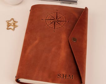 Travelers Notebook Personalized with Сompass, Leather Travel Journal, Travelers Journal, Compass Journal