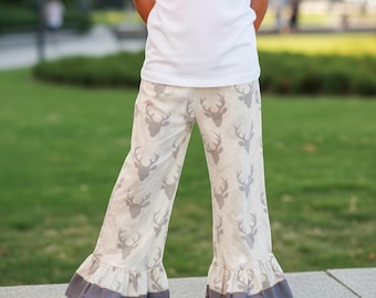 Girls' 100% Cotton Deer Skull Pants with a double Ruffle, girls' fashion pants