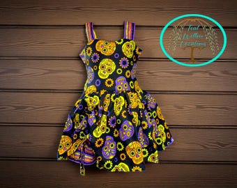 Handsewn Girl's Skull Themed Material Peek-a-Boo Dress