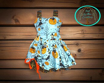 Girls' Handsewn Witch and Pumpkin Themed Peek-a-Boo Skirt Dress