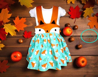 Handsewn Girl's Fox Face Suspender Skirt with button and Elastic Back