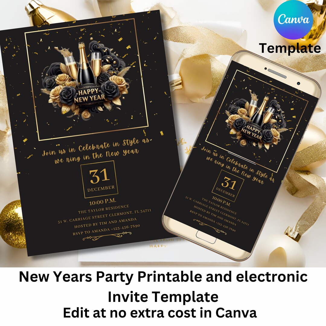 New Years Eve Party Invite Template, New Years Party Evite, Champaign ...