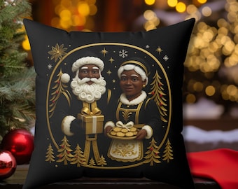 Cuscino natalizio nero con Babbo Natale e la signora Claus / Decorazione natalizia afrocentrica