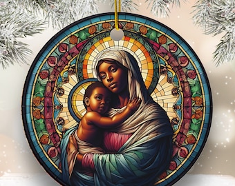 Madonna Ceramic Ornament, African American ornament, religious ornament, Heirloom keepsake, religious gift, Mary and baby Jesus tree decor