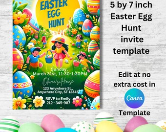 Plantilla de invitación de búsqueda de huevos de Pascua de 5 por 7 pulgadas, invitación a la fiesta de Pascua, plantilla de invitación de Pascua, invitación de descarga digital, invitación para niños de Pascua.