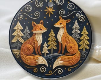 Nordic Fox Ceramic Ornament: Scandinavian Winter Woodland Decor