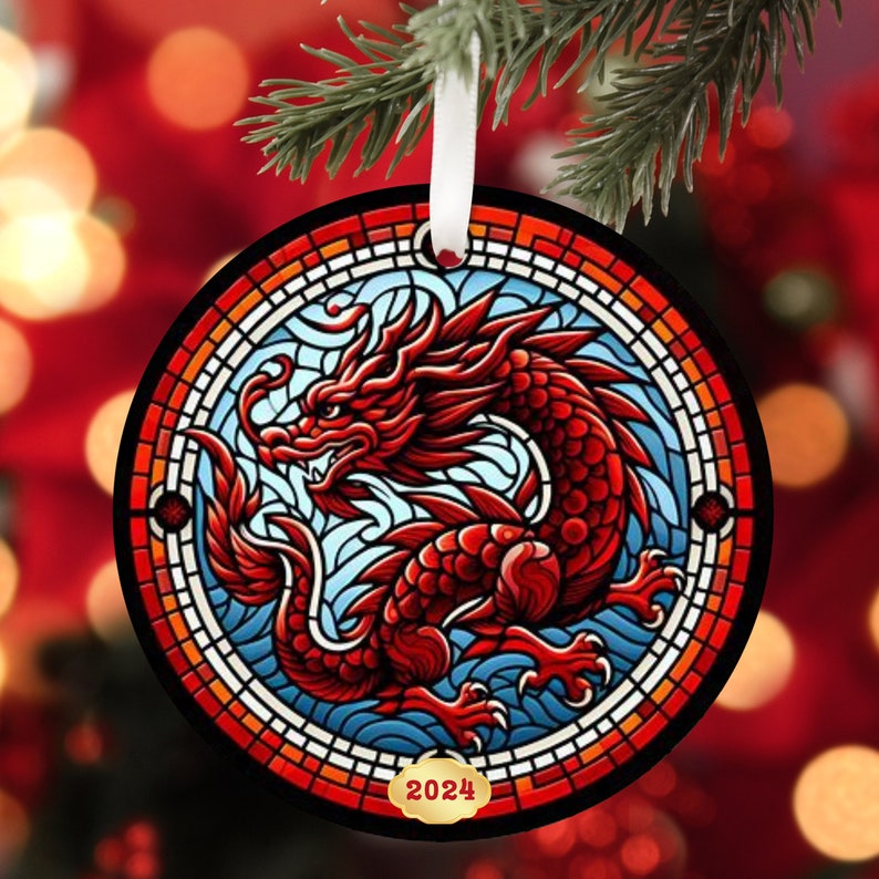 Red and Blue Chinese New Year 2024 Ornament, Year of Dragon, Wooden
