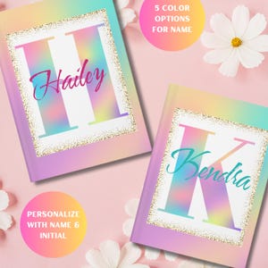 May include: Two personalised notebooks with iridescent covers and gold glitter accents. The notebooks feature the names "Hailey" and "Kendra" with their corresponding initials.  The text "5 colour options for name" and "Personalise with name & initial" is also visible.