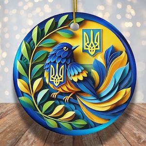 Ukranian Blue and Yellow Bird with Trident Ceramic ornament, 3D look Christmas Bird Ornament, Whimsical ornament, Cultural Statement piece