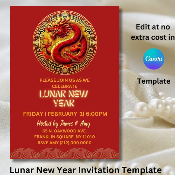 Lunar New Year Party 5 by 7 inch Invitation template, Year of the Dragon Invite, New Years evite, Chinese New Year Party Invitation/evite.