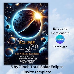 Op de afbeelding: Een afdrukbare uitnodigingstemplate voor een Total Eclipse Party, met afmetingen van 12,7 cm bij 17,8 cm. De template bevat een kleurrijke illustratie van een zonsverduistering met planeten en sterren op de achtergrond. De tekst op de template luidt "Total Eclipse Party", "Maandag 8 april 2024", "19:00 uur", "The Williams Residence", "123 Anywhere St., Anywhere City, ST 12345", "RSVP to AMANDA at 212-345-987".