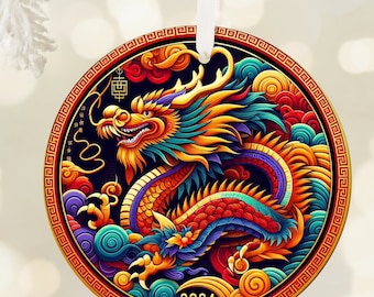 Ornement du nouvel an chinois 2024, année du dragon, dragon en bois, souvenir d'héritage, cadeau de famille, cadeau de nouvel an, ornement en céramique