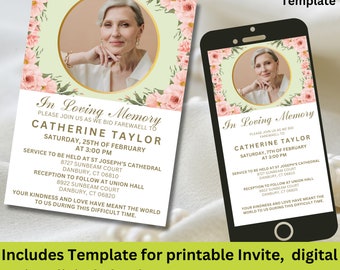 May include: A printable memorial invitation template with a pink floral border and a photo of a woman. The text reads "In Loving Memory" and includes the name "Catherine Taylor" and the date and time of the memorial service.