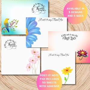 May include: A set of five different designs of thank you note cards. Each card features a different floral design and the text "A little note to say a big Thank You!" The cards are available in five sizes and come in a pack of 50 sheets with adhesive.