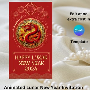 Modèle d'invitation animée pour la fête du nouvel an lunaire, invitation animée pour l'année du dragon, invitation pour le Nouvel An, invitation à la fête du nouvel an chinois.