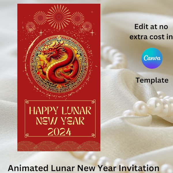 Animated Lunar New Year Party evite template, Year of the Dragon animated Invite, New Years evite, Chinese New Year Party Invitation.