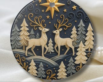 Nordic Reindeer Forest Ornament – Scandinavian Winter Scene Christmas Decoration with Stars and Pines