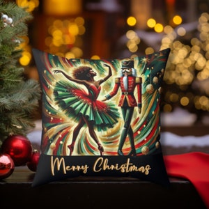 African American Nutcracker Pillow, Melanin Ballerina Christmas Decor, Festive Holiday Throw Pillow