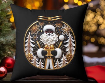 Elegante cuscino natalizio afroamericano di Babbo Natale nero e oro / decorazione natalizia / federa o cuscino con inserto / decorazione di Babbo Natale nero,