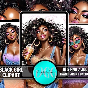 Clipart fille noire, belle afro, femme magique noire, clipart pour agendas Stickers t-shirts, mélanine Boss Girl Hustle Black Girl Iced Latte