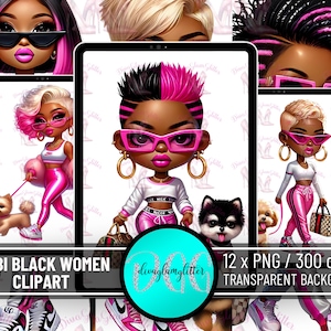 Imágenes prediseñadas de mujeres y perros negros chibi, niña negra, imágenes prediseñadas de niña chibi, imágenes prediseñadas chibi, imágenes prediseñadas de amantes de los perros, imágenes prediseñadas de perros lindos, arte imprimible chibi