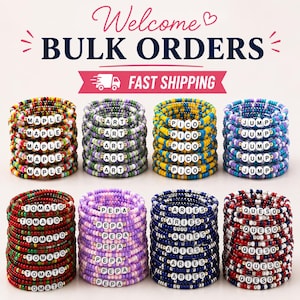 May include: Eight stacks of colorful beaded bracelets featuring white letter beads spelling MAPLE, ART, PICO, JUMP, TOMATO, PEPA, ARIES, and QUESO. The image includes the text Welcome BULK ORDERS and FAST SHIPPING with a truck icon.