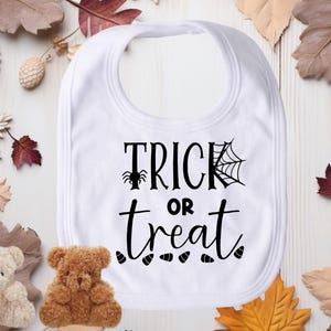 Trick or Treat Bib | Fall New Baby Gift for Girl or Boy, White Absorbent Drool or Feeding Bib, Spooky 1st Halloween Outfit