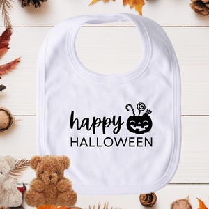 Happy Halloween Bib | Fall New Baby Gift for Girl or Boy, White Absorbent Drool or Feeding Bib, Spooky 1st Halloween Outfit