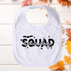 Candy Squad Bib | Fall New Baby Gift for Girl or Boy, White Absorbent Drool or Feeding Bib, Spooky 1st Halloween Outfit