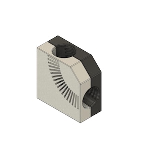 May include: A black and white plastic corner bracket with two holes. The bracket is designed to connect two pieces of material at a 90-degree angle.