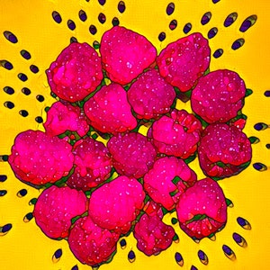 May include: A vibrant, stylized painting of a cluster of bright pink raspberries against a yellow background. The raspberries are detailed with white highlights, and the yellow background features a pattern of dark blue ovals.