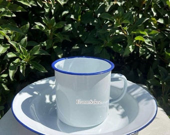 White Enamel Mug with Blue Rim and Plate for Vodou Use